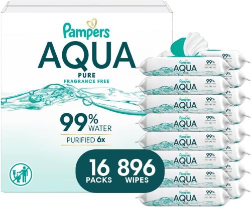 Pampers Aqua Pure Baby Wipes, 99% Water, Fragrance Free, 896 Baby Wipes Total (16X Flip-Top Packs)