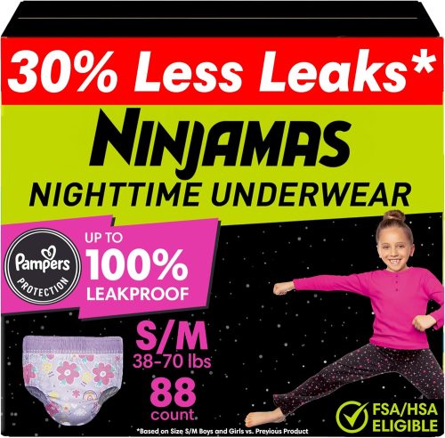 Ninjamas Girls Bedwetting Nighttime Underwear, Size S/M (38-70 lbs), 88 Count