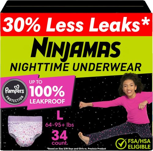 Ninjamas Girls Bedwetting Nighttime Underwear, Size L (64-95+ lbs), 34 Count