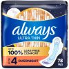 Always Ultra Thin Overnight Pads With Wings, Size 4, Overnight, 78 Count