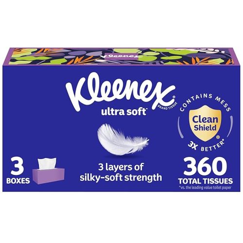 Kleenex Ultra Soft Facial Tissues, 3 Flat Boxes, 120 Tissues Per Box, 3-Ply (360 Total)