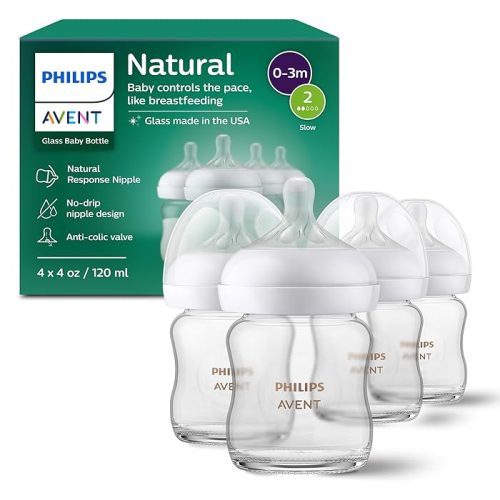 Philips Avent Natural Glass Baby Bottles With Natural Response Nipples (Slow Flow, Flow 2), 4oz, 4-Pack, SCY910/04
