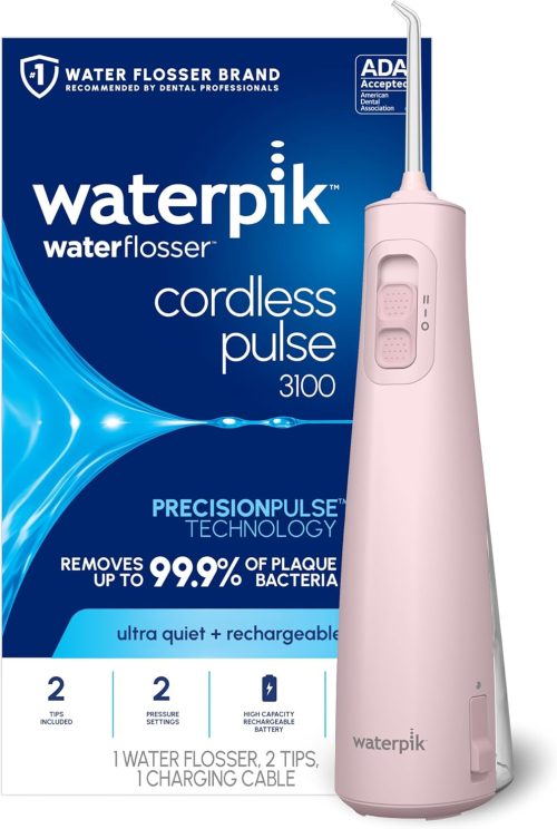 Waterpik Cordless Pulse Rechargeable Portable Water Flosser for Teeth, Gums, Braces Care WF-20 Pink