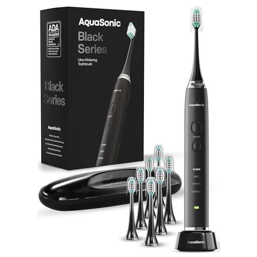 Aquasonic Black Series Ultra Whitening Toothbrush 8 Brush Heads & Travel Case – 40,000 VPM