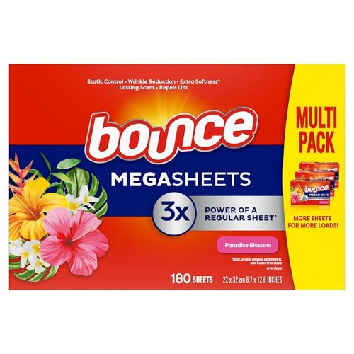 Bounce Mega Dryer Sheets, Paradise Blossom, 180 Count, Mega Fabric Softener Sheets