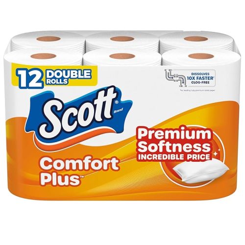 Scott ComfortPlus Toilet Paper, 12 Double Rolls, 231 Sheets Per Roll, Septic-Safe, 1-Ply Toilet Tissue