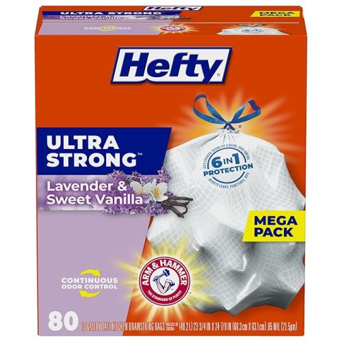 Hefty Ultra Strong Tall Kitchen Trash Bags Lavender & Sweet Vanilla Scent, 13 Gallon, 80 Count