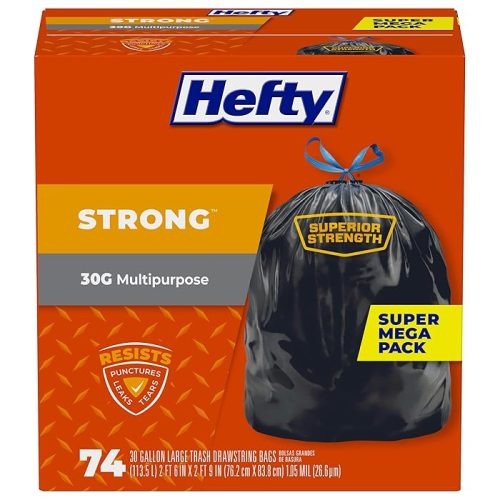 Hefty Strong Large Trash Bags Black, 30 Gallon, 74 Count