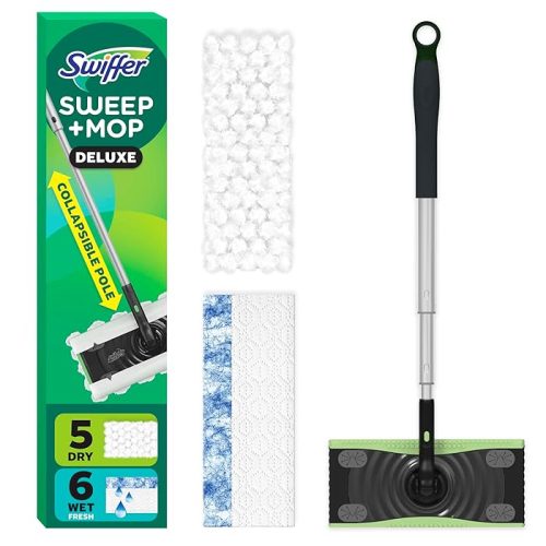 Swiffer Sweep & Mop Deluxe 2-in-1 Multi-Surface Kit For Floor Cleaning Includes 1 Sweeper Device, 5 Dry Sweeping + 6 Wet Mopping Heavy Duty Cloths, Black