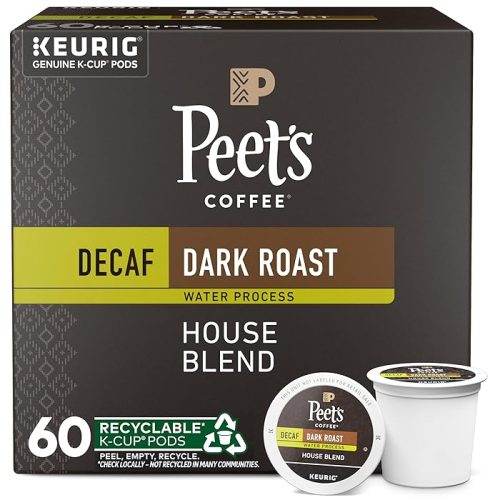 Peets Coffee, Dark Roast Decaf Keurig K-Cup Pods, Decaffeinated Arabica Coffee - Decaf House Blend 60 Count