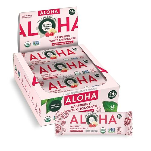 ALOHA Organic Plant Based Protein Bars Raspberry White Chocolate 12 Count