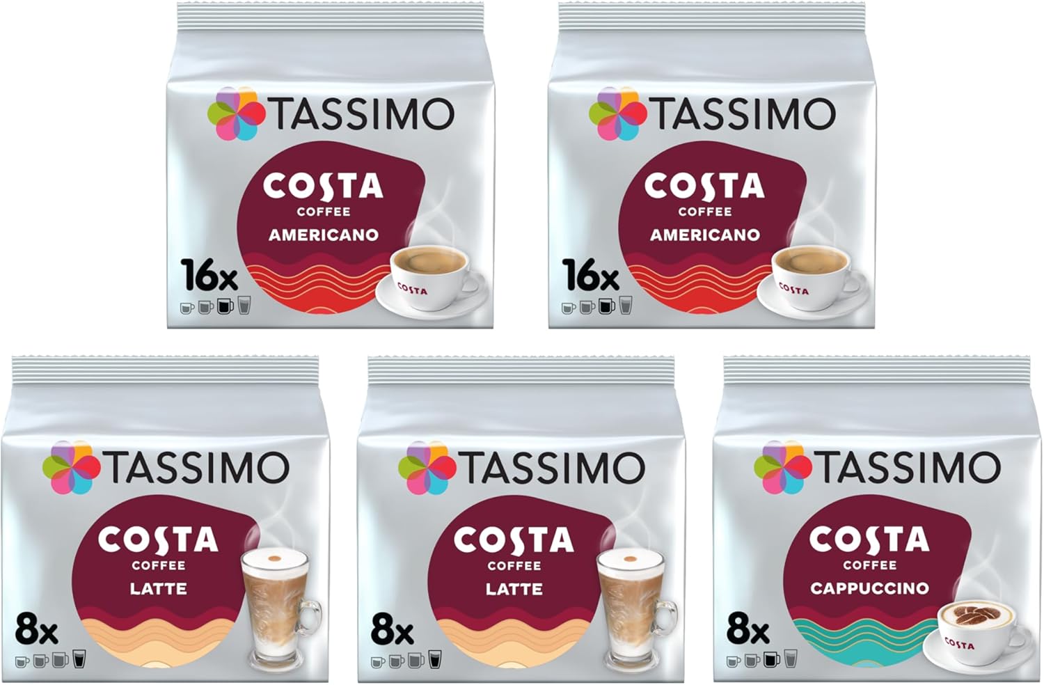 Tassimo Costa Favourites Variety Pack Coffee Pods (Pack of 5, Total 56 Capsules)