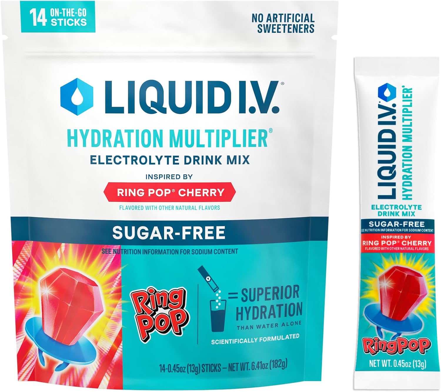 Liquid I.V. Hydration Multiplier Sugar-Free Ring Pop Cherry Electrolyte Powder Drink Mix (14 Servings)