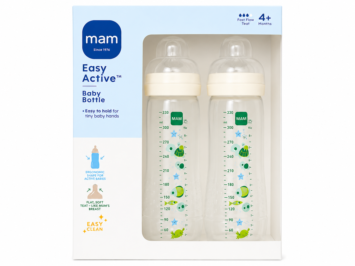 MAM Easy Active Baby Bottle Pastic, Silicone Teat 4m+ White 2x330ml