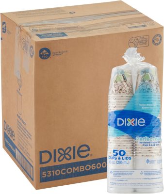 Dixie PerfecTouch Grab N Go Cup and Lid Combo Packs (Coffee Dreams Design, Model 5310COMBO600) 600 Total Items (300 Insulated Cups & 300 Lids Per Case) wholesale