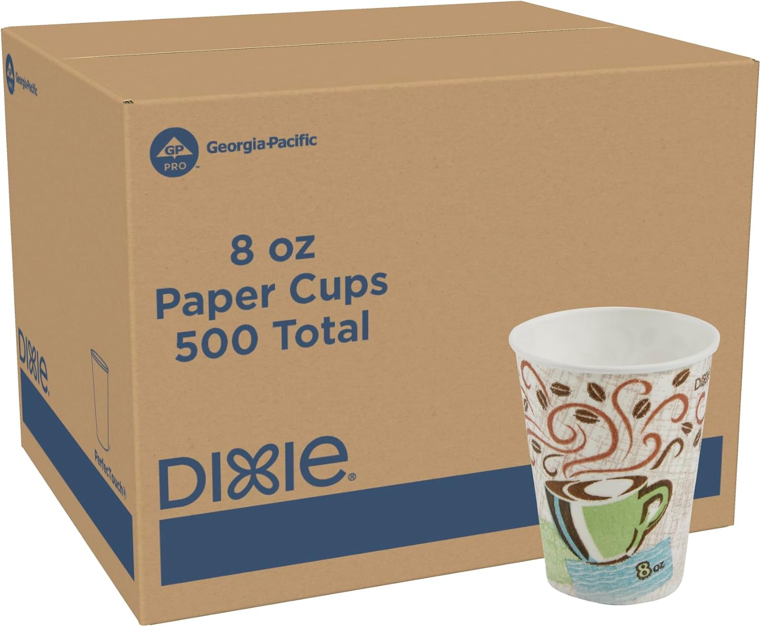 Dixie PerfecTouch WiseSize Insulated Paper Hot Cup by GP PRO (Georgia-Pacific), New Coffee Design, 8 Oz, Model 5338DX, 500 Count (25 Cups Per Pack, 20 Packs Per Case)