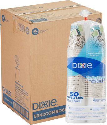 Dixie PerfecTouch 12 Oz Paper Coffee Cup and Lid Combos (Coffee Haze Design, Model 5342COMBO600) 600 Total Items (300 Insulated Cups & 300 Lids; 50 of each per pack, 6 packs/case) wholesale