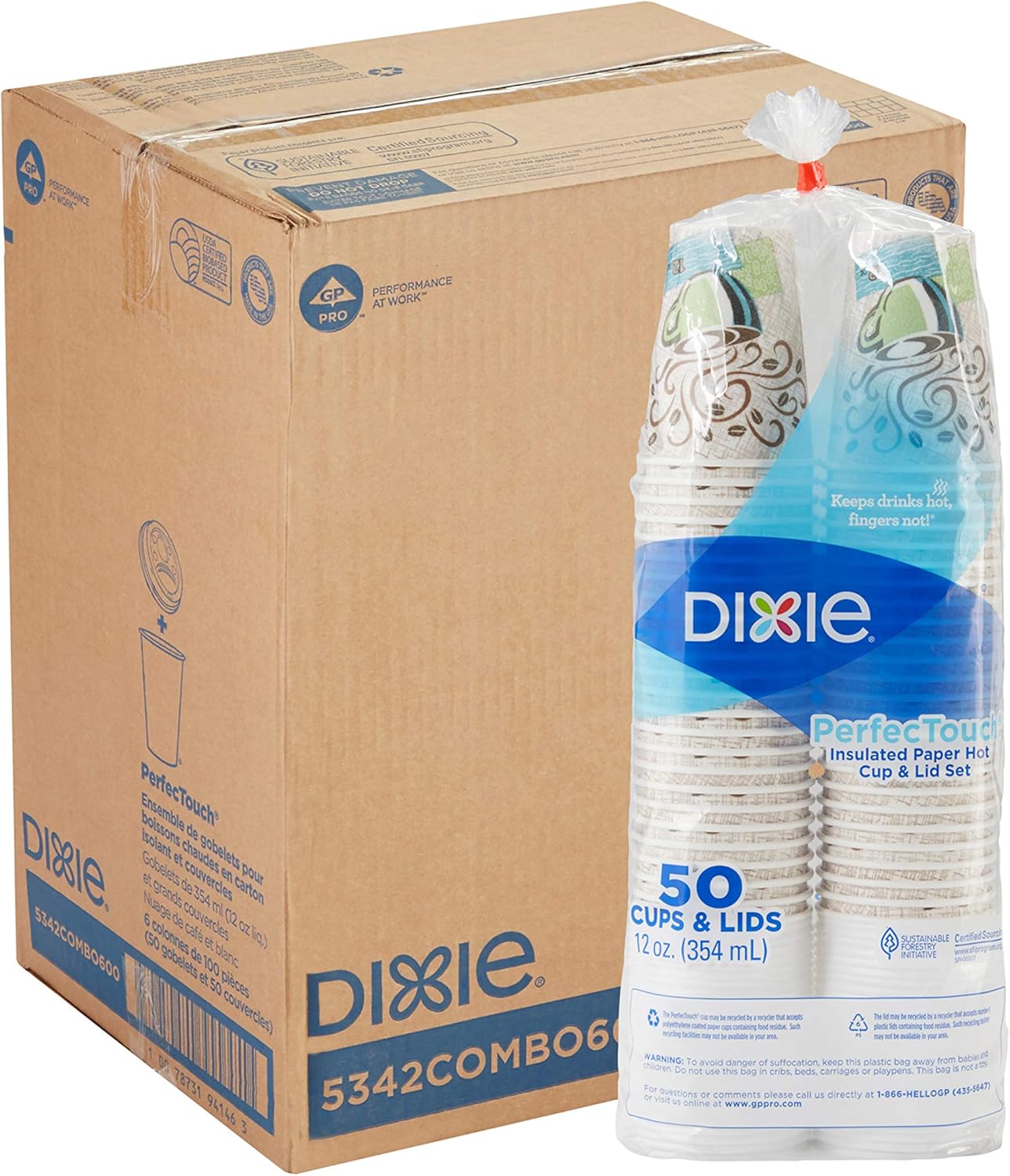 Dixie PerfecTouch 12 Oz Paper Coffee Cup and Lids by GP PRO, Coffee Haze Design, Model 5342COMBO600, 300 Cups and 300 Lids (50 Cups and Lids Per Pack, 6 Packs Per Case)