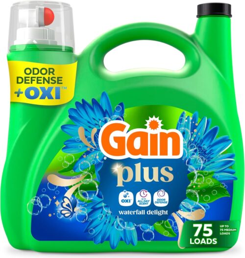 Gain Plus Liquid Laundry Detergent, Cleaner, Fresher, Now with Oxi, Waterfall Delight Scent, 99 fl oz, 75 Loads