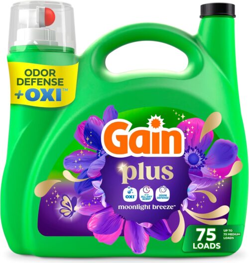 Gain Plus Liquid Laundry Detergent, Cleaner, Fresher, Now with Oxi, Moonlight Breeze Scent, 99 fl oz, 75 Loads