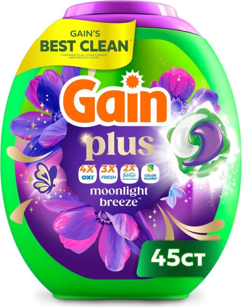Gain Plus Flings Liquid Laundry Detergent Pods, Gain's Best Clean, All-In-One Pacs, Moonlight Breeze Scent, 45 Count