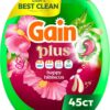 Gain Plus Flings Liquid Washing Detergent Pods, Gain's Best Clean, All-In-One, Happy Hibiscus Scent Laundry Pacs, 45 Count