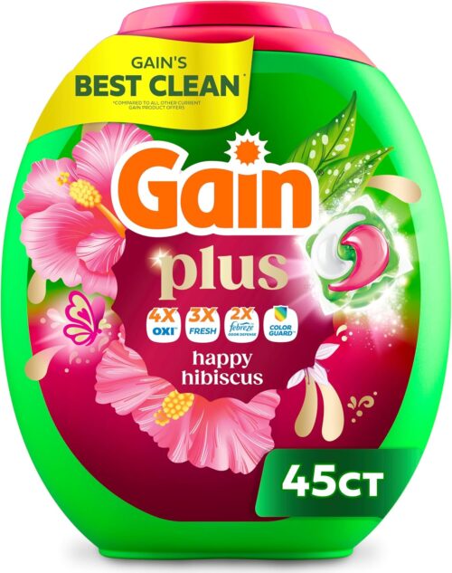 Gain Plus Flings Liquid Washing Detergent Pods, Gain's Best Clean, All-In-One, Happy Hibiscus Scent Laundry Pacs, 45 Count