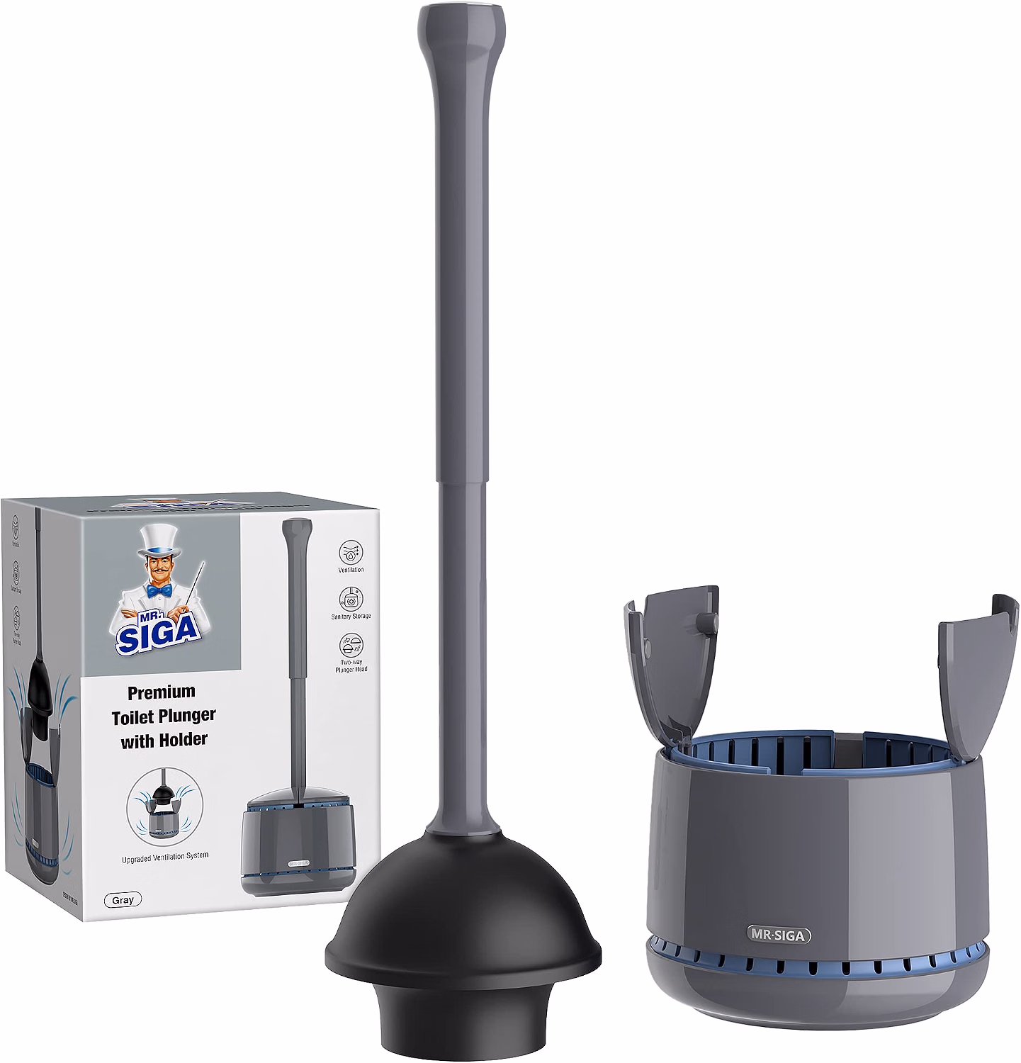 MR.SIGA Toilet Plunger with Holder, Plungers for Bathroom Heavy Duty, Gray