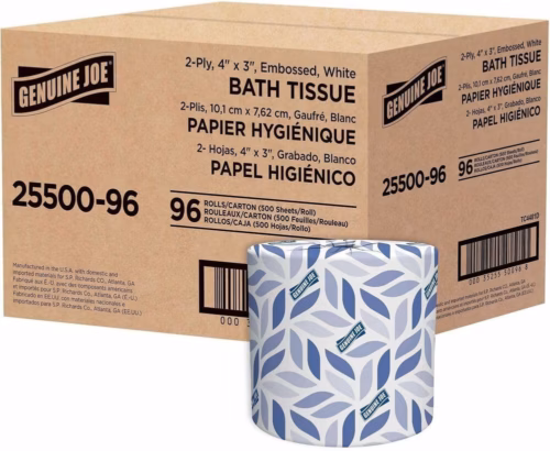 Genuine Joe Standard Bath Tissue, White, 2-Ply, 500 Sheets/Roll, 96 Rolls/Case (GJO2550096)