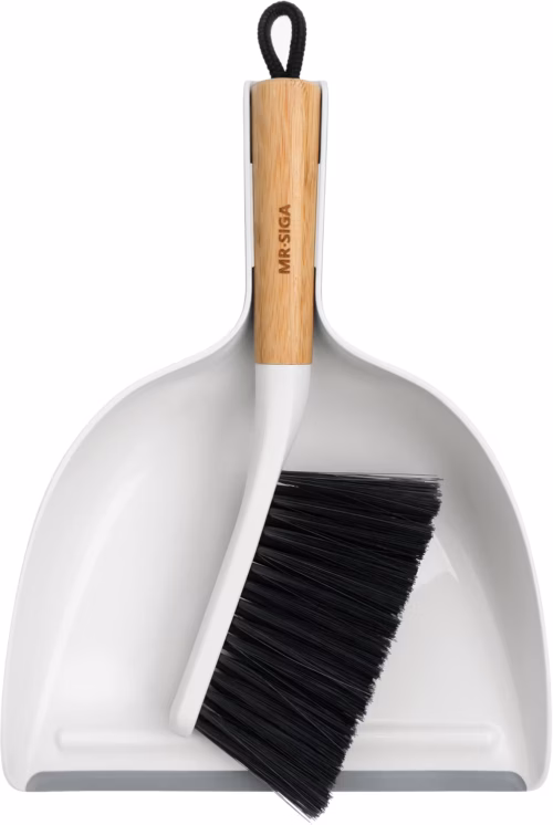 MR.SIGA Dustpan and Brush Set, Bamboo Handle, White, 1 Set