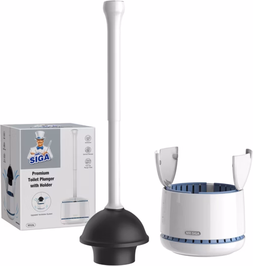 MR.SIGA Toilet Plunger with Holder, Plungers for Bathroom Heavy Duty, White