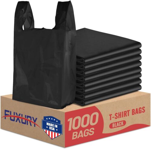 Fuxury 1000 Count Black Plastic Grocery Shopping T-shirt Bags with Handles 11.5" x 6.5" x 21"