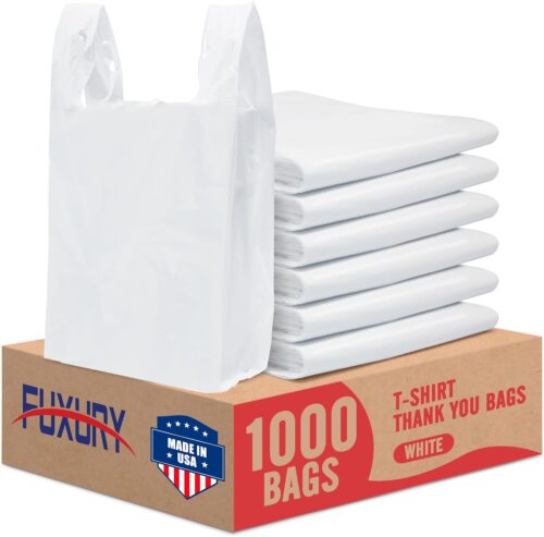 Fuxury Plastic Bags White (Plain) with Handles 1000 Pack 11.5”x 6.5" x 21”