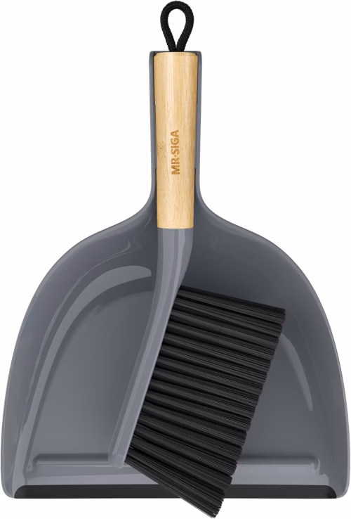 MR.SIGA Dustpan and Brush Set, Bamboo Handle, Gray, 1 Set