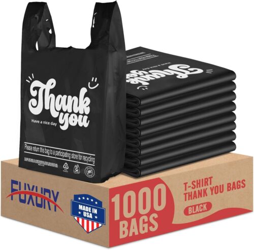 Fuxury 1000 Count Black Thank You Shopping Plastic Bags with Handles 11.5 x 6.5 x 21"
