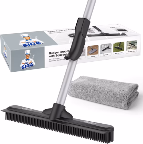 MR.SIGA Pet Hair Removal Rubber Broom with Built in Squeegee 3 in 1 floor brush