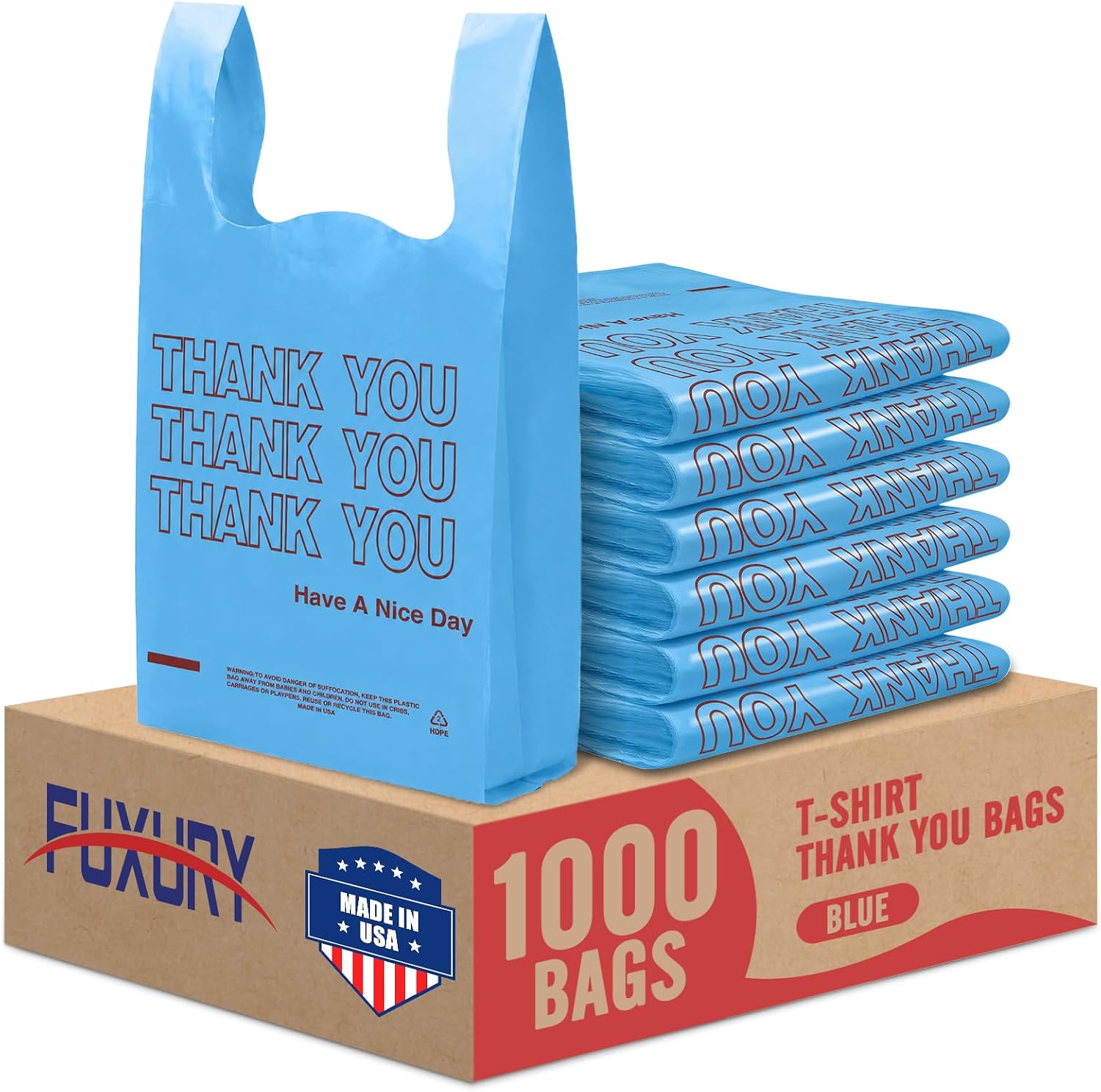 Fuxury Blue Plastic Thank You Grocery Shopping T-shirt Bags 1000 Count 11.5 x 6.5 x 21"