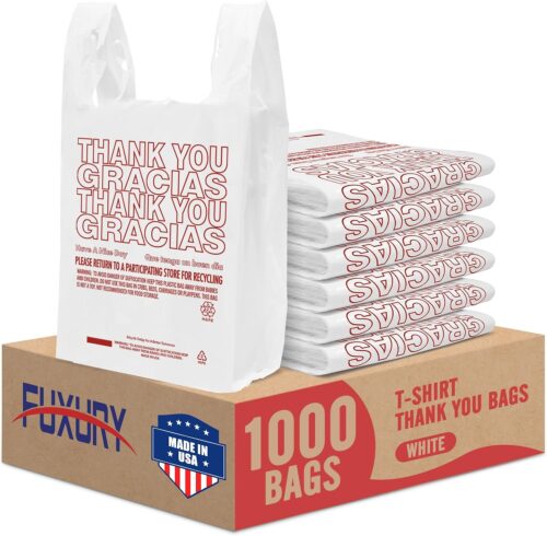 Fuxury Plastic Thank You (Gracias) Shopping Bags with Handles 1000 Count Plastic T-Shirt Bags White