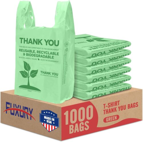 Fuxury Green Plastic Thank You Shopping Grocery T-shirt Bags 1000 Count 11.5 x 6.5 x 21" Green
