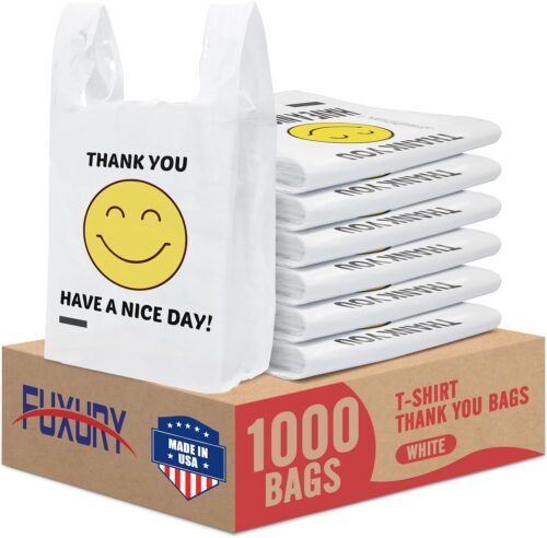 Fuxury 1000 Count White Happy Smiling Face Thank You Plastic Bags with Handles 11.5 x 6.5 x 21" Have a Nice Day T-shirt Bags