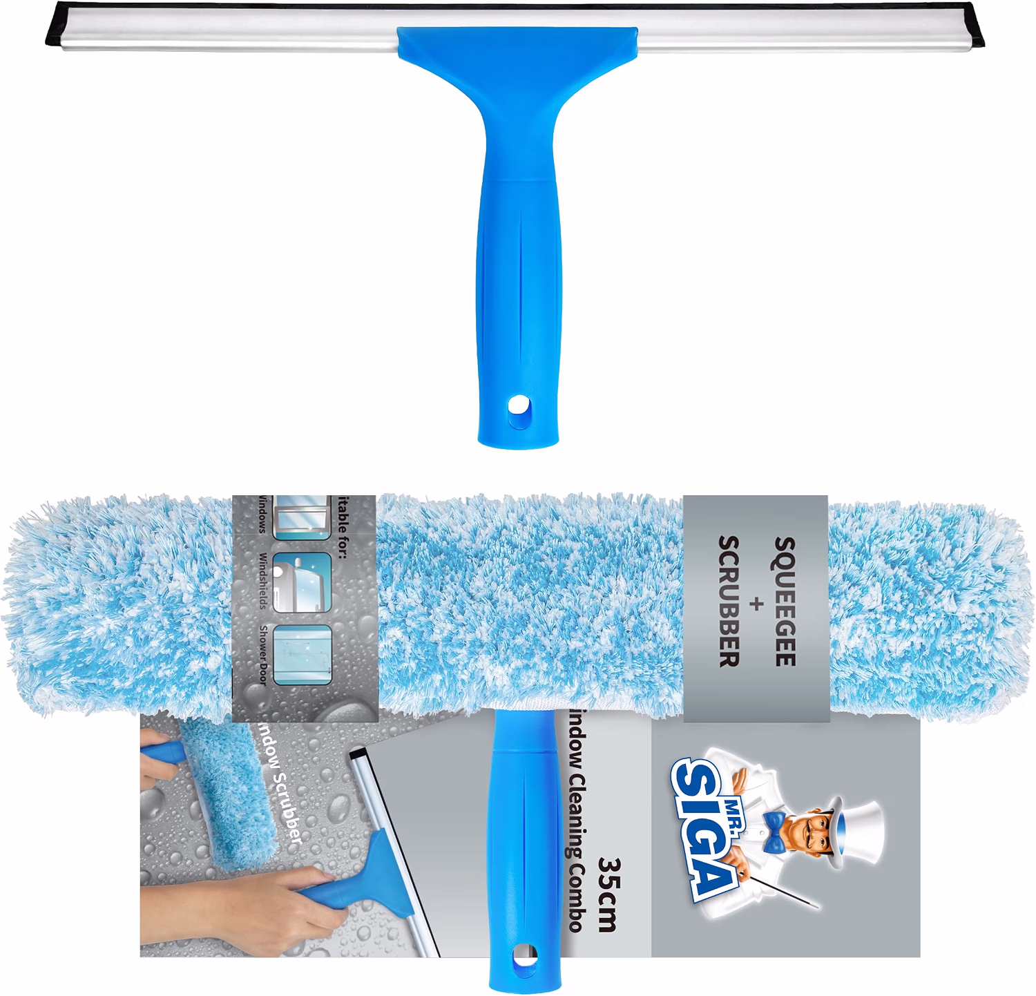 MR.SIGA Professional Window Squeegee & Microfiber Window Scrubber, 14 inch 2 in 1 squeegee window cleaner tool