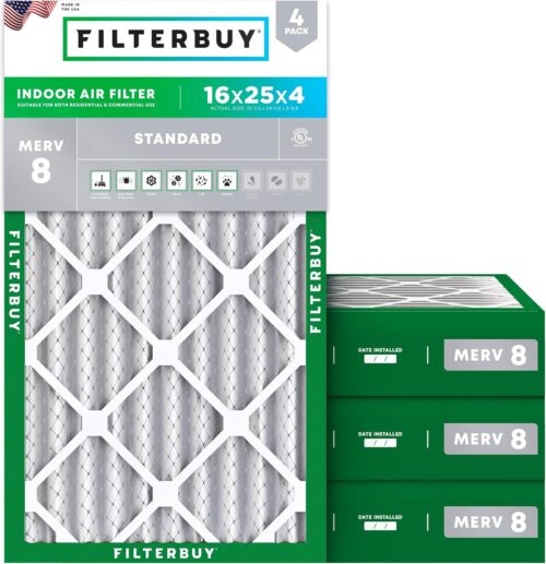 Filterbuy 16x25x4 Air Filter MERV 8 Dust & Allergy Defense (4-Pack)