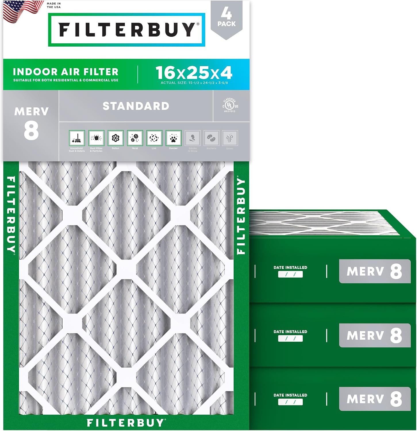 Filterbuy 16x25x4 Air Filter MERV 8 Dust & Allergy Defense (4-Pack)