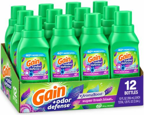 Gain + Odor Defense Liquid Laundry Detergent – Super Fresh Blast Scent, 10 fl oz, Pack of 12
