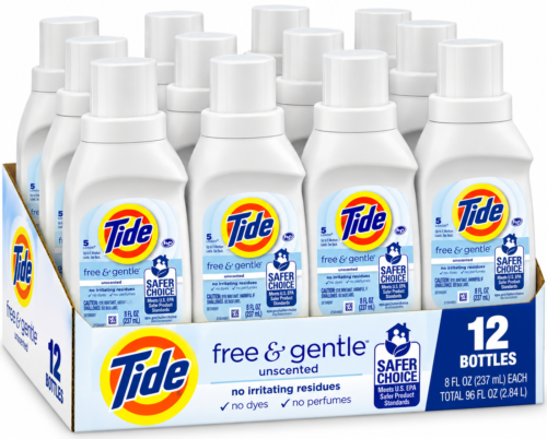 Tide Free & Gentle Laundry Detergent, Unscented, 8 fl oz – Pack of 12