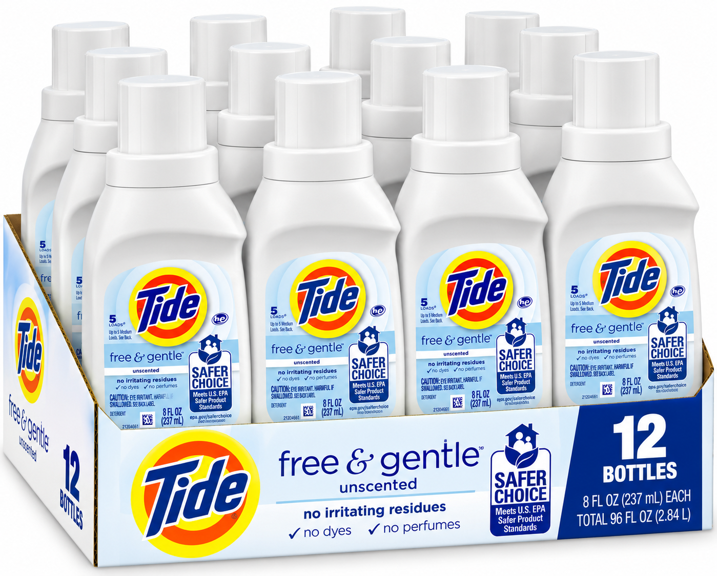 Tide Free & Gentle Laundry Detergent, Unscented, 8 fl oz – Pack of 12