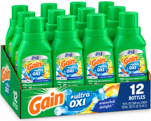 Gain Ultra Oxi Liquid Laundry Detergent – Waterfall Delight Scent, 10 fl oz, Pack of 12