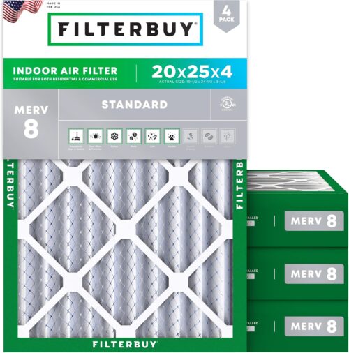 Filterbuy 20x25x4 Air Filter MERV 8 Dust & Allergy Defense (4-Pack)